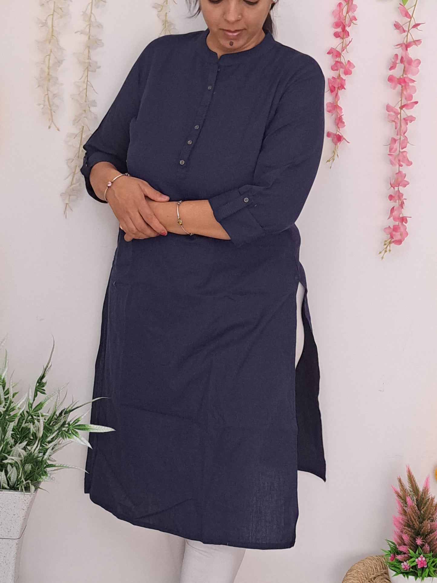 Midnight Indigo: Plain Dark Blue Cotton Kurti