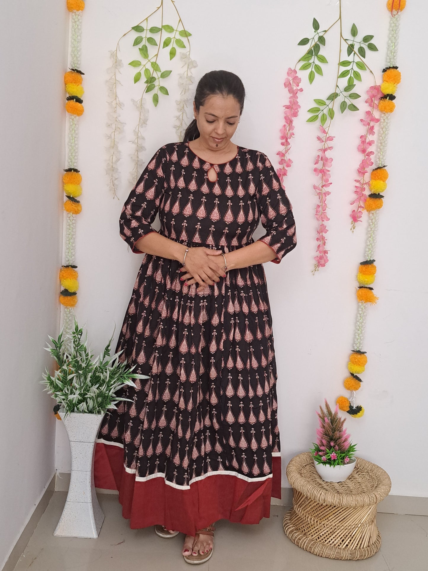 Elegance in Motion: Black and Maroon Flared Long Ethnic Dress