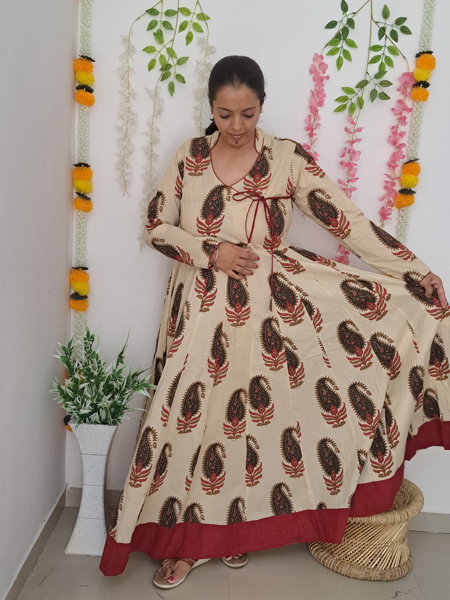 Majestic Splendor: Beige and Maroon Long Ethnic Dress