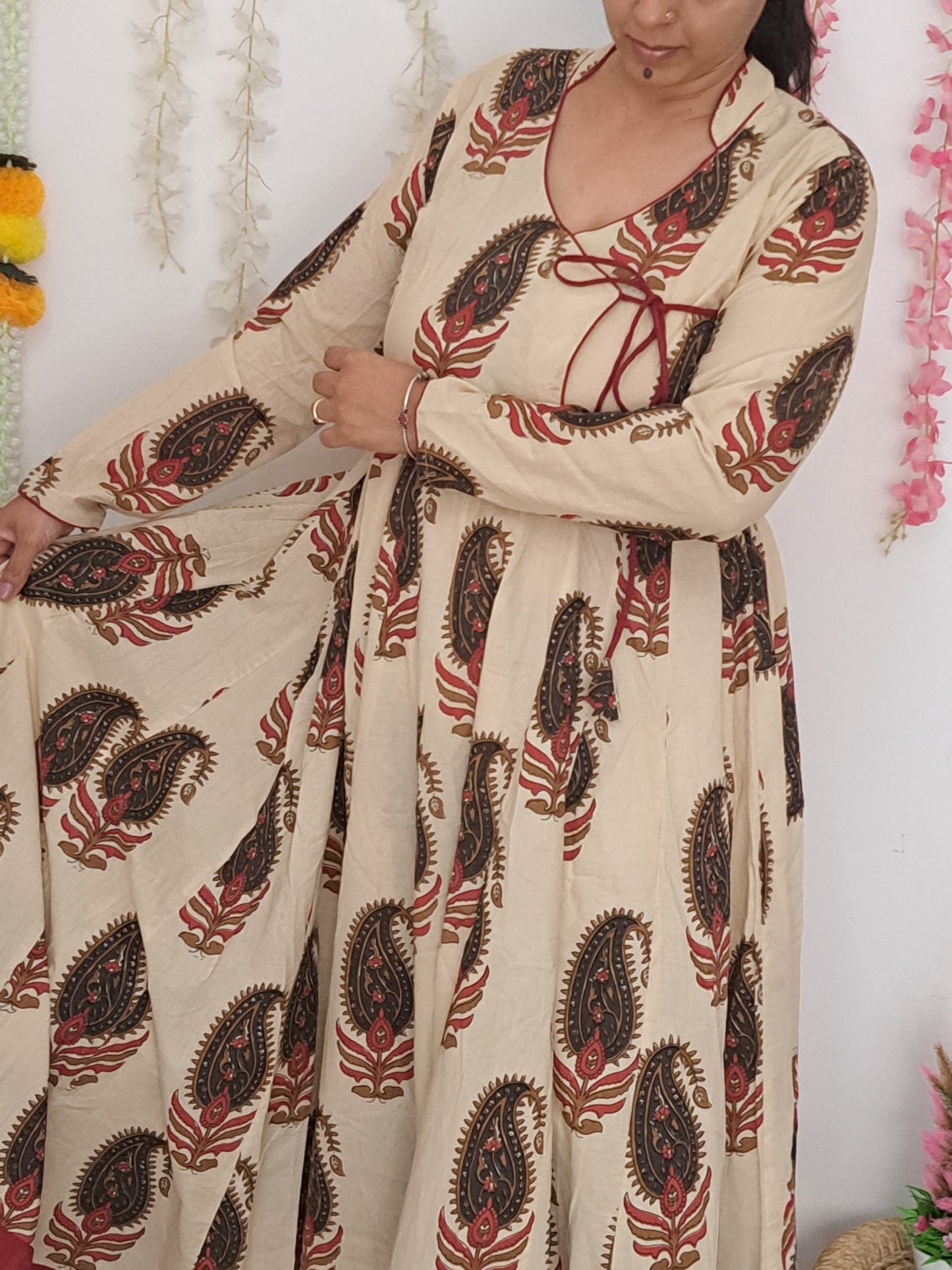 Majestic Splendor: Beige and Maroon Long Ethnic Dress