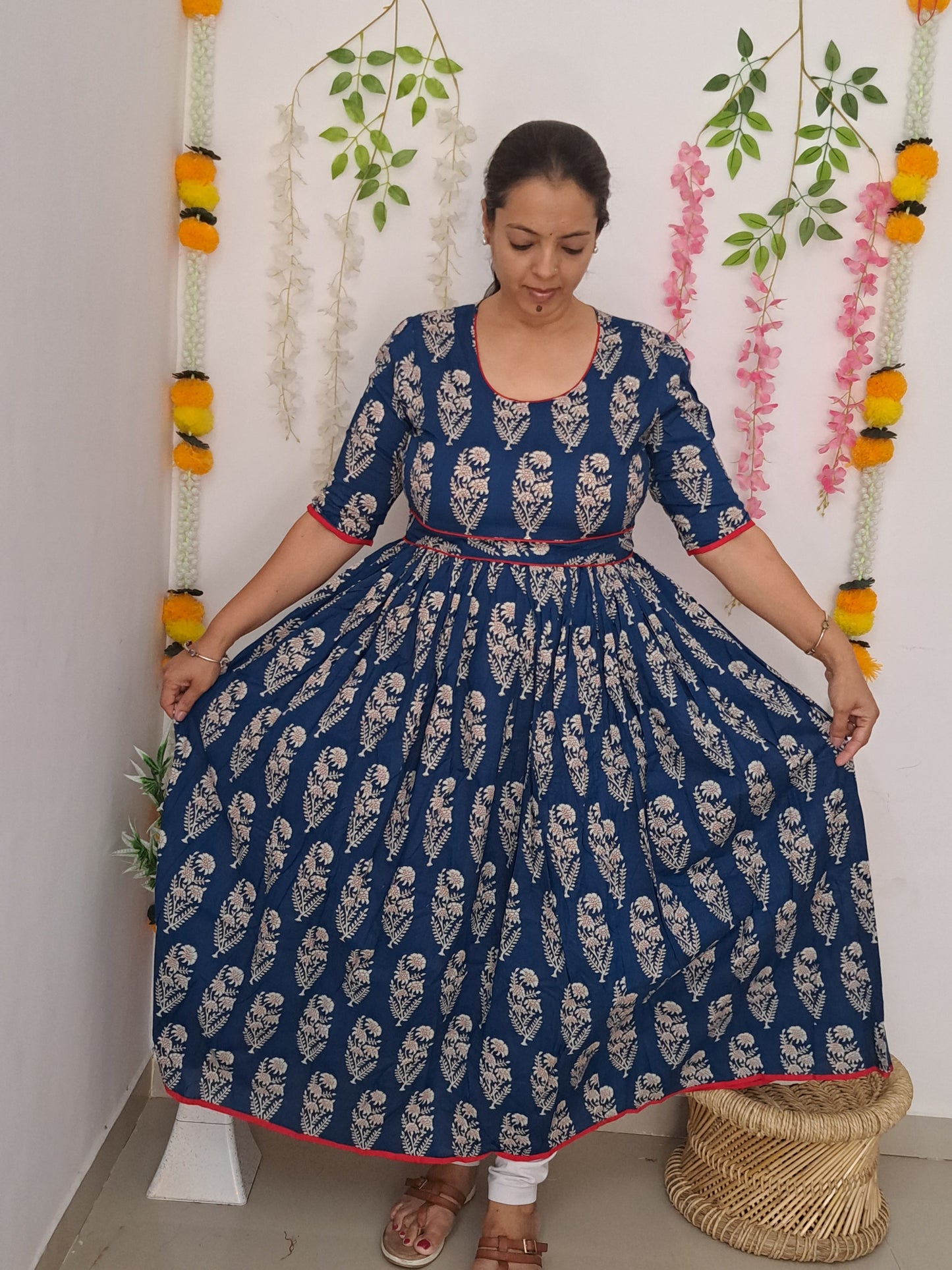 Rhapsody in Blue: Blue and Red Cotton Long Ethnic Dress with Side Pocket