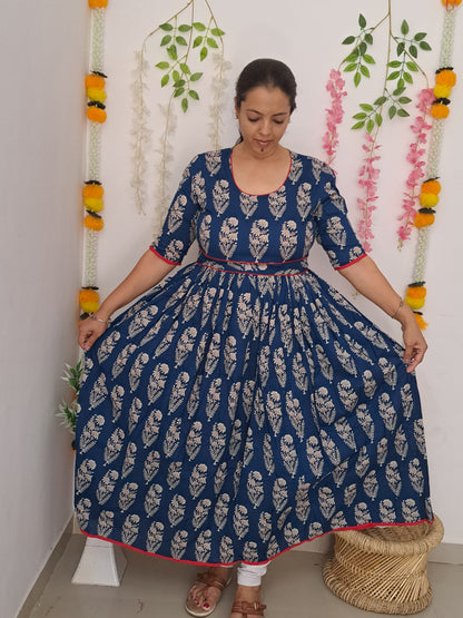 Rhapsody in Blue: Blue and Red Cotton Long Ethnic Dress with Side Pocket