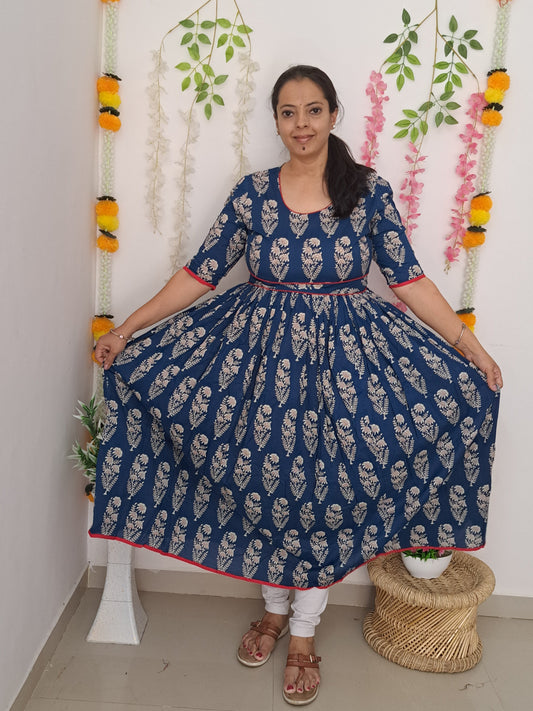 Rhapsody in Blue: Blue and Red Cotton Long Ethnic Dress with Side Pocket