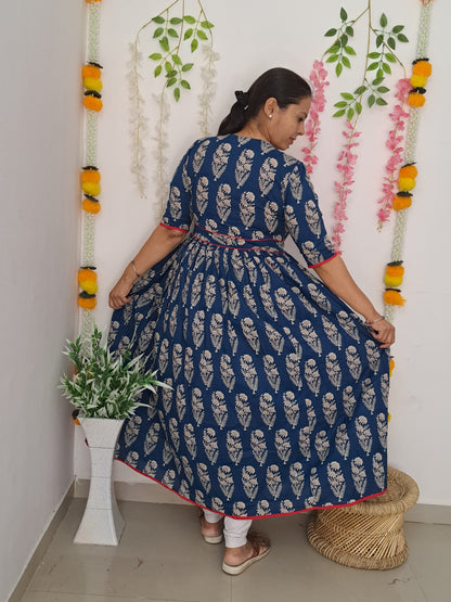 Rhapsody in Blue: Blue and Red Cotton Long Ethnic Dress with Side Pocket