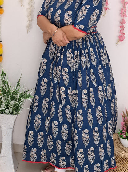 Rhapsody in Blue: Blue and Red Cotton Long Ethnic Dress with Side Pocket