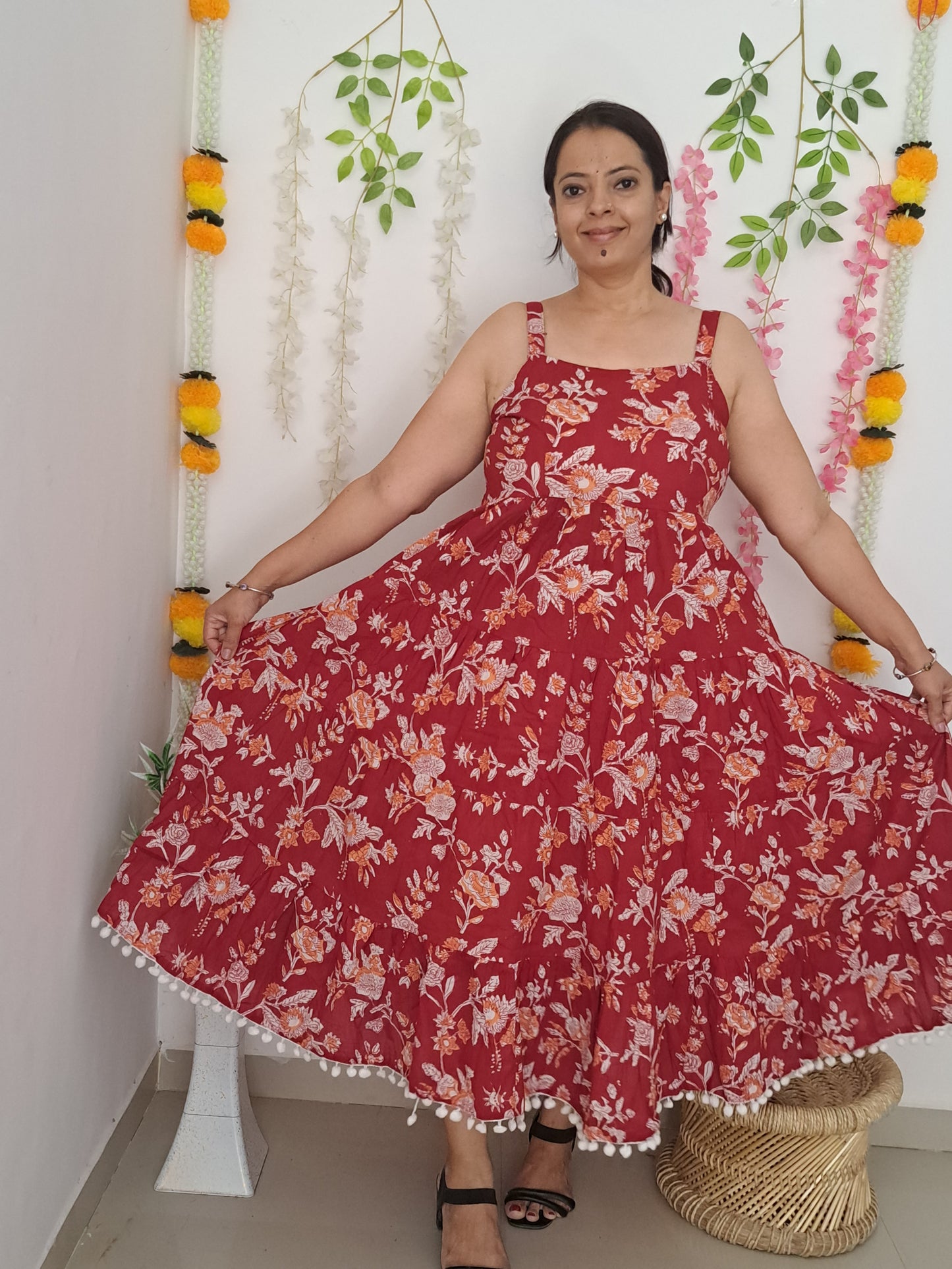 Blooming Petals: Red and White Floral Cotton Spaghetti Dress