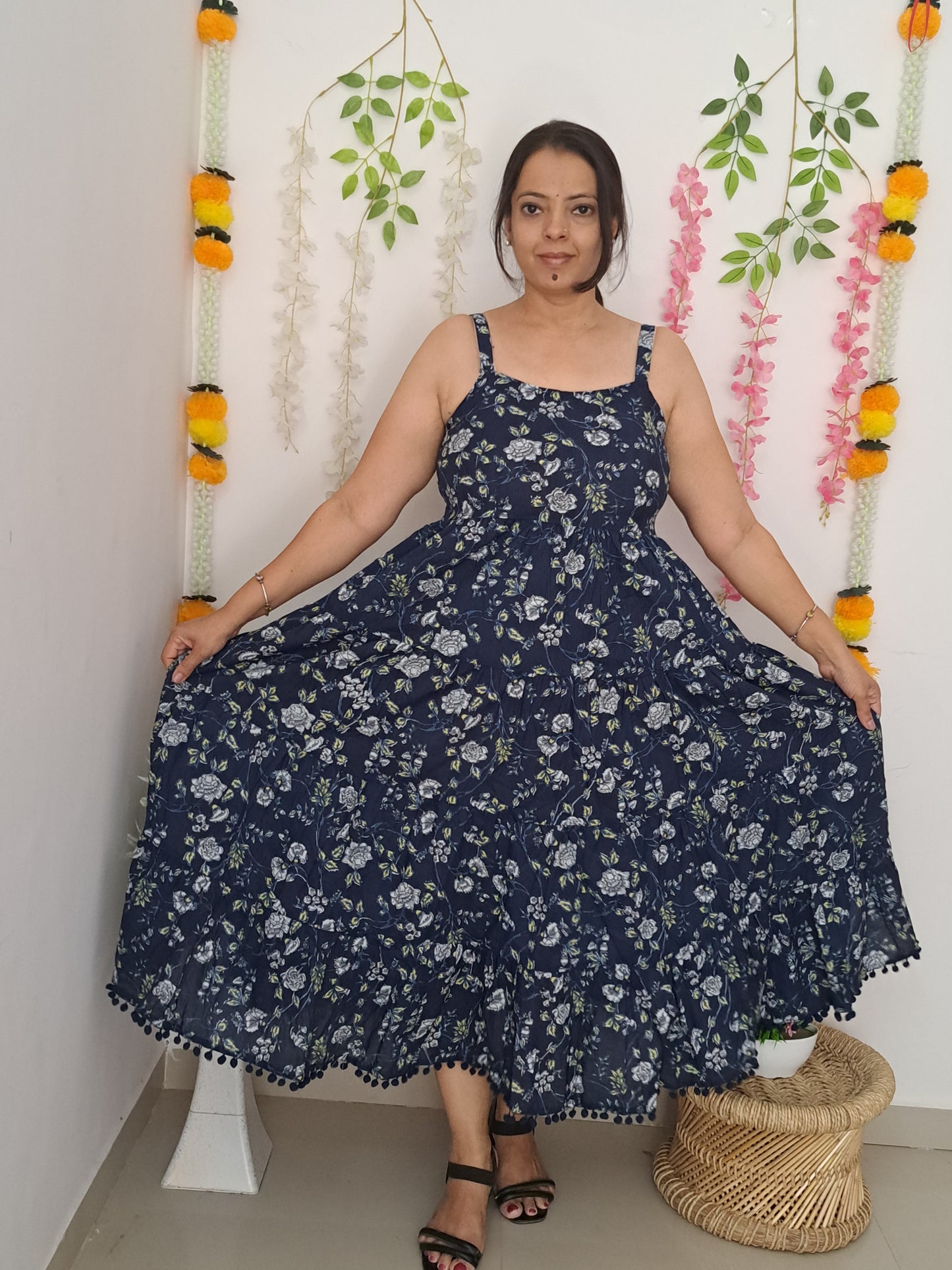 Midnight Blooms: Dark Blue and White Floral Spaghetti Midi Dress