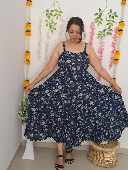 Midnight Blooms: Dark Blue and White Floral Spaghetti Midi Dress