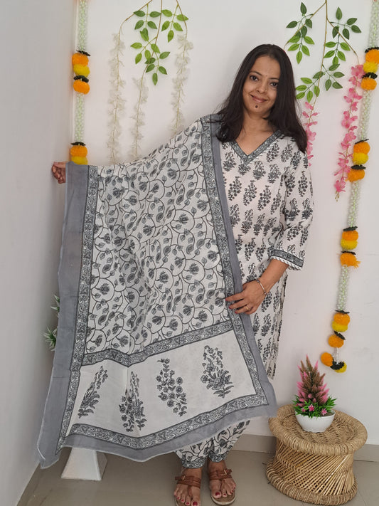 Monochrome Elegance:Black and White Cotton Kurti Pant Set with Dupatta