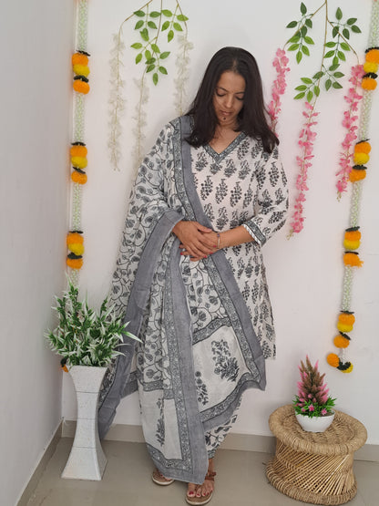 Monochrome Elegance:Black and White Cotton Kurti Pant Set with Dupatta