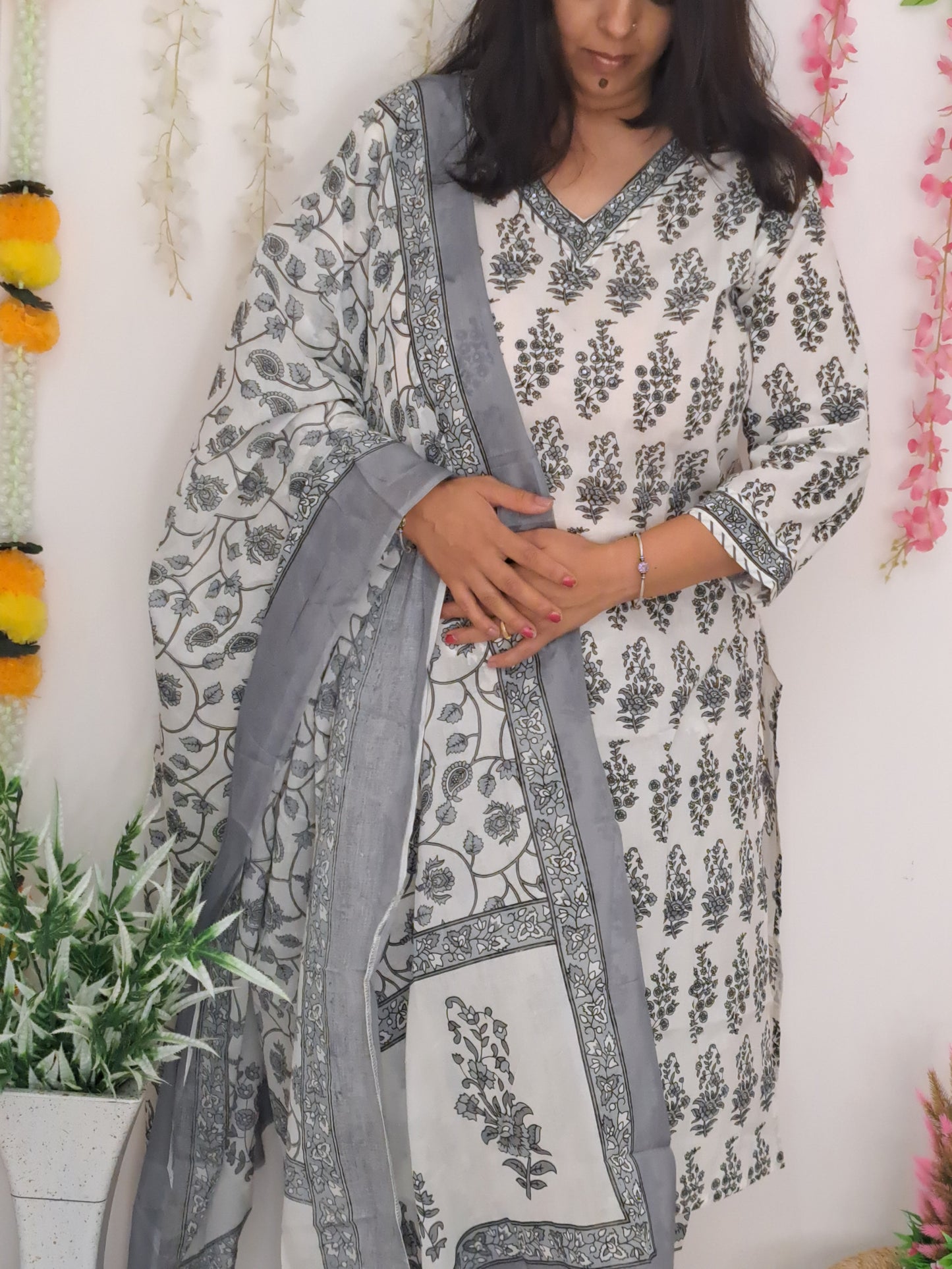 Monochrome Elegance:Black and White Cotton Kurti Pant Set with Dupatta