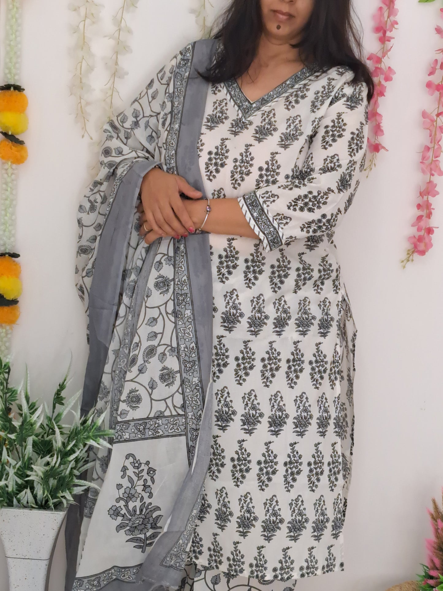 Monochrome Elegance:Black and White Cotton Kurti Pant Set with Dupatta