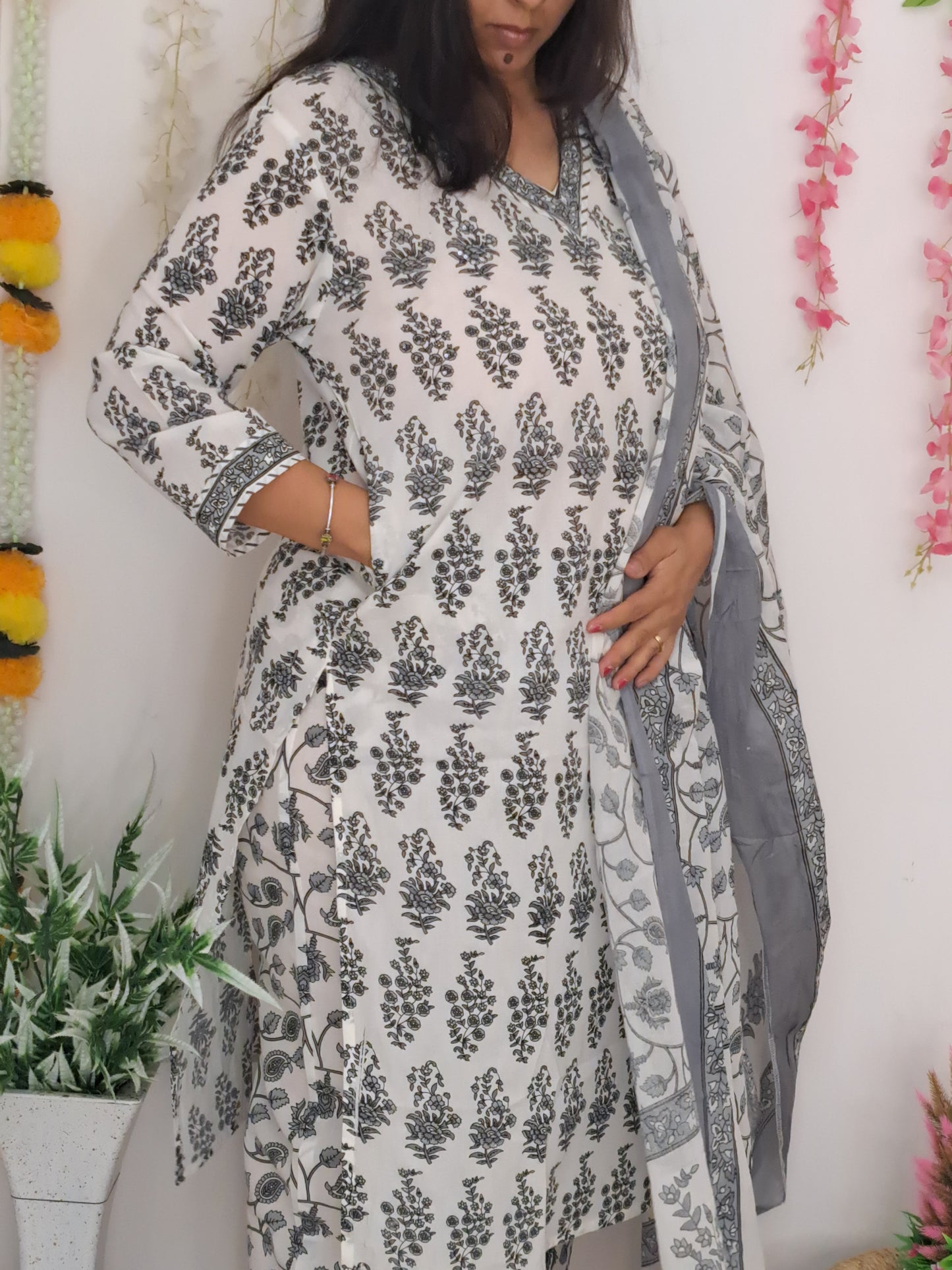 Monochrome Elegance:Black and White Cotton Kurti Pant Set with Dupatta