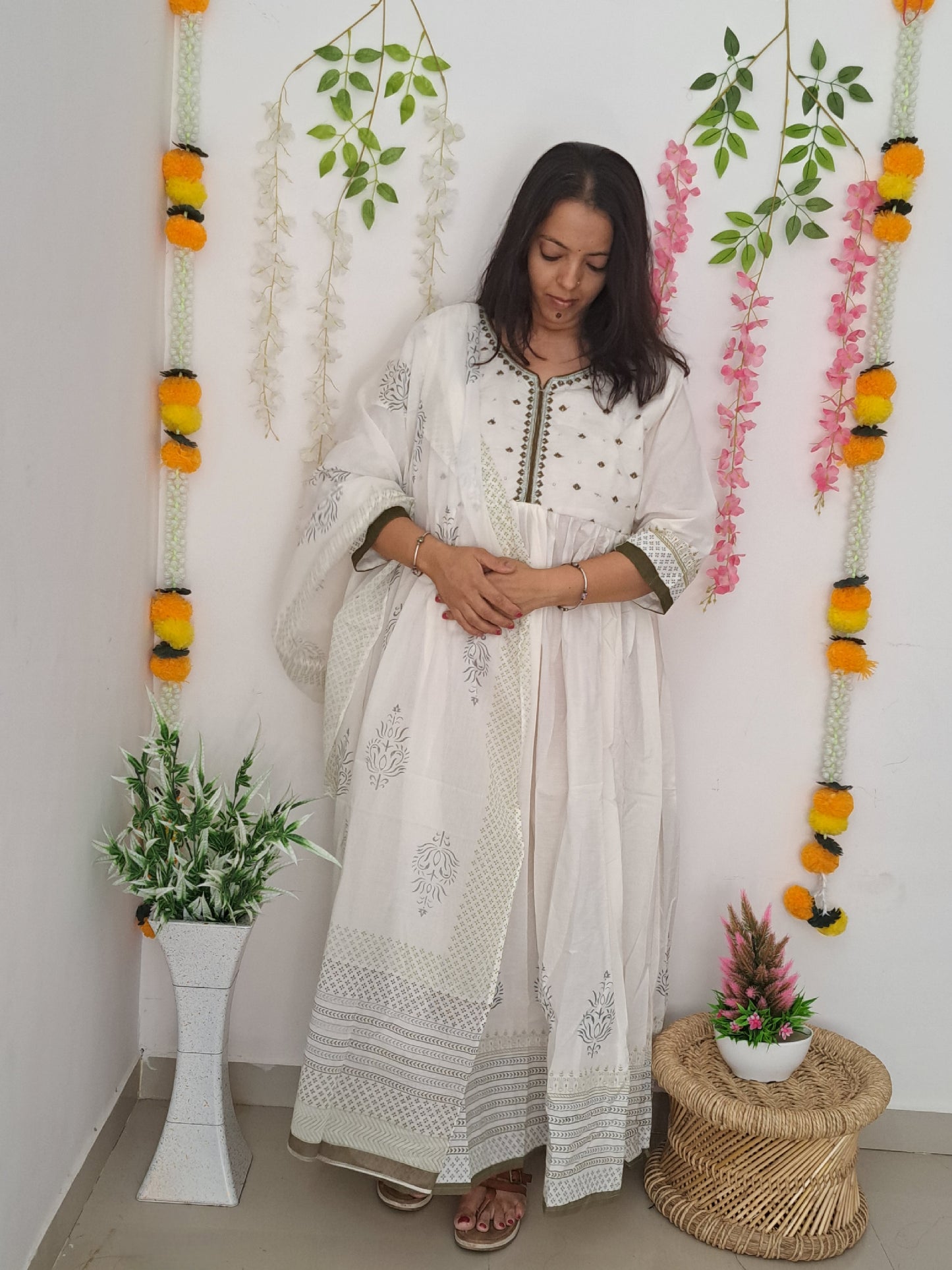 Enchanting Hues: White and Mehandi Green Long Cotton Dress with Mulmul Dupatta