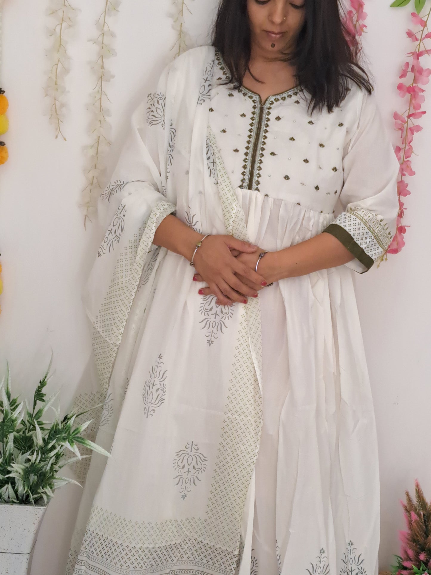 Enchanting Hues: White and Mehandi Green Long Cotton Dress with Mulmul Dupatta