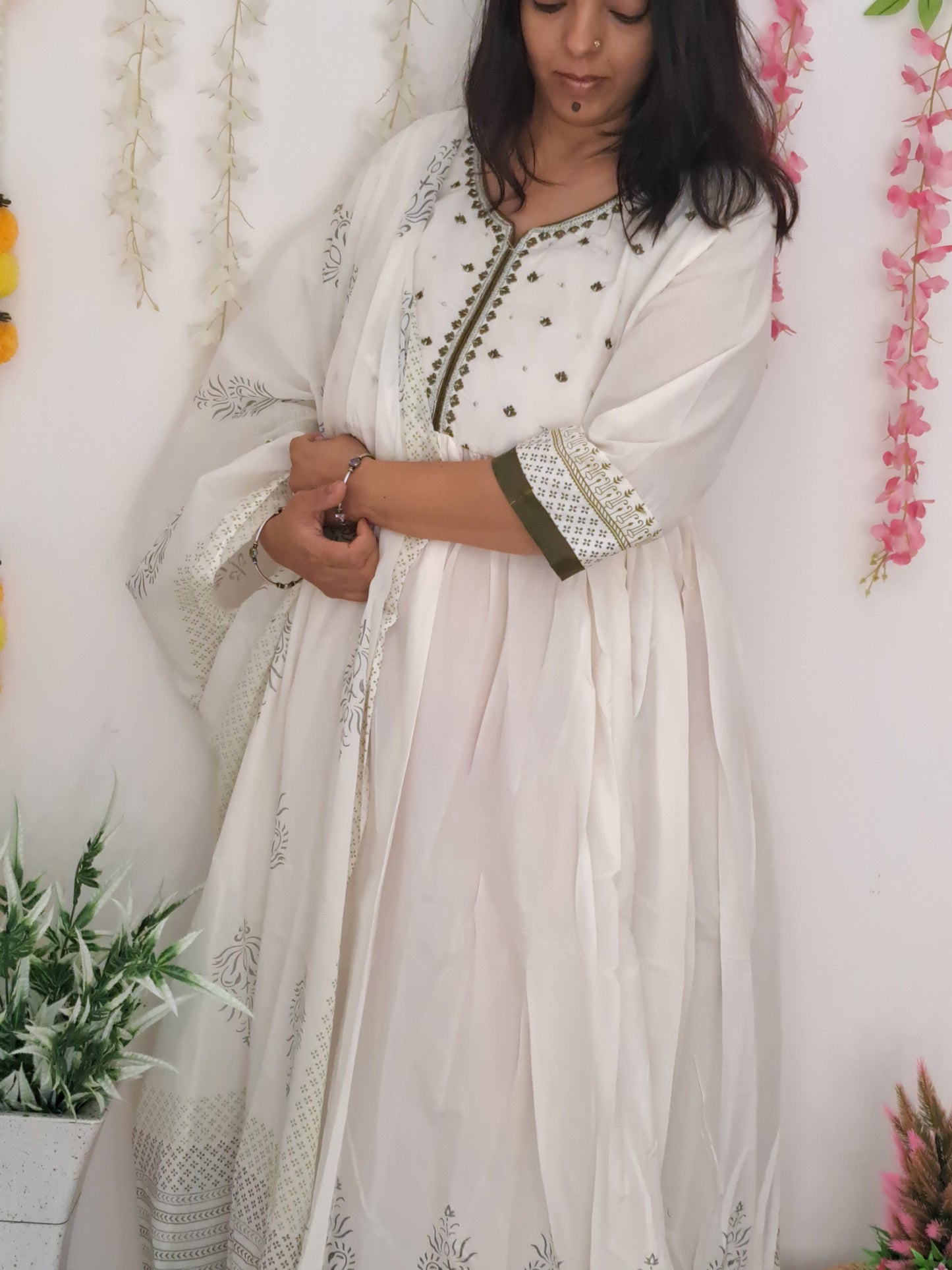 Enchanting Hues: White and Mehandi Green Long Cotton Dress with Mulmul Dupatta