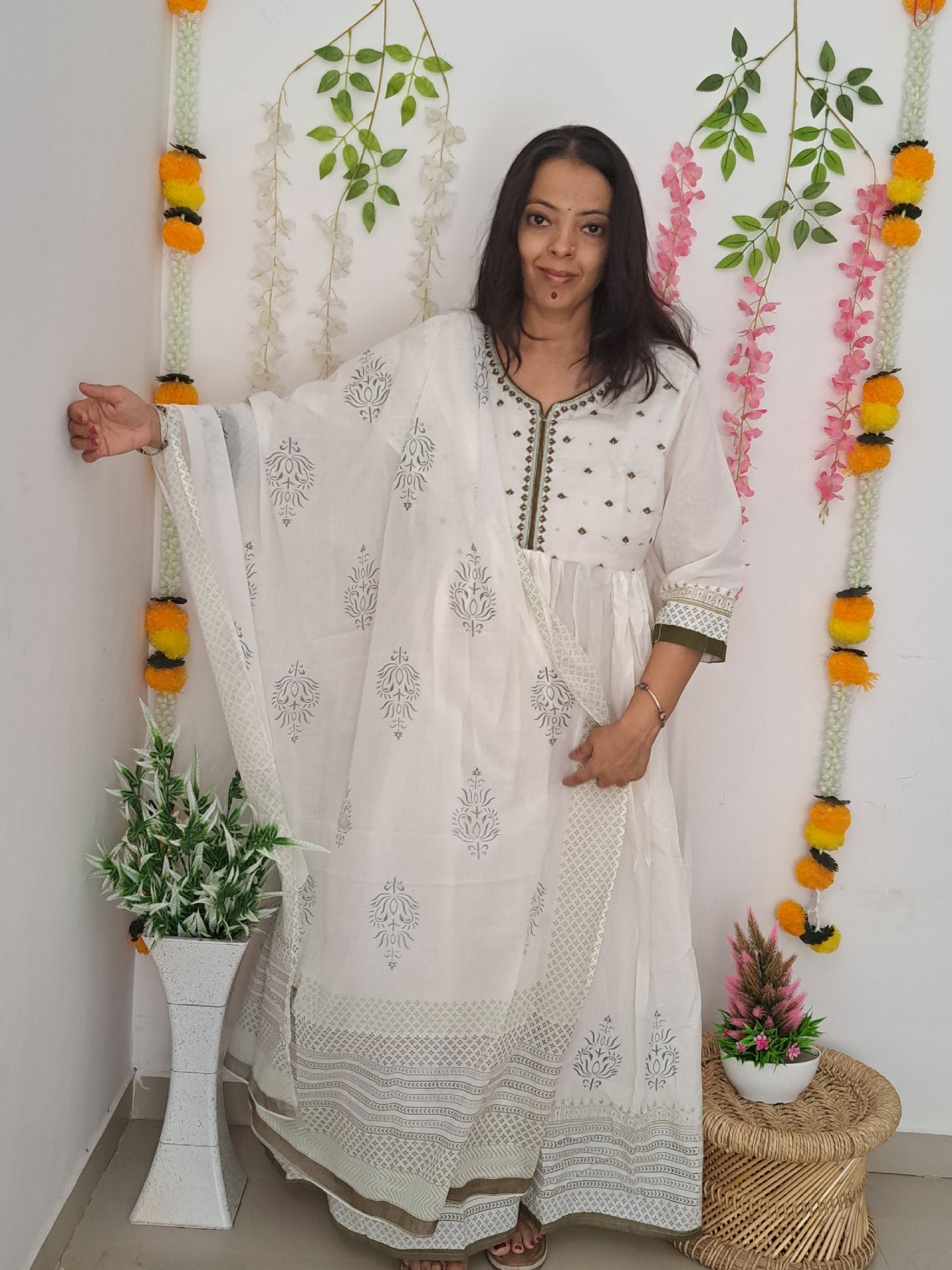 Enchanting Hues: White and Mehandi Green Long Cotton Dress with Mulmul Dupatta