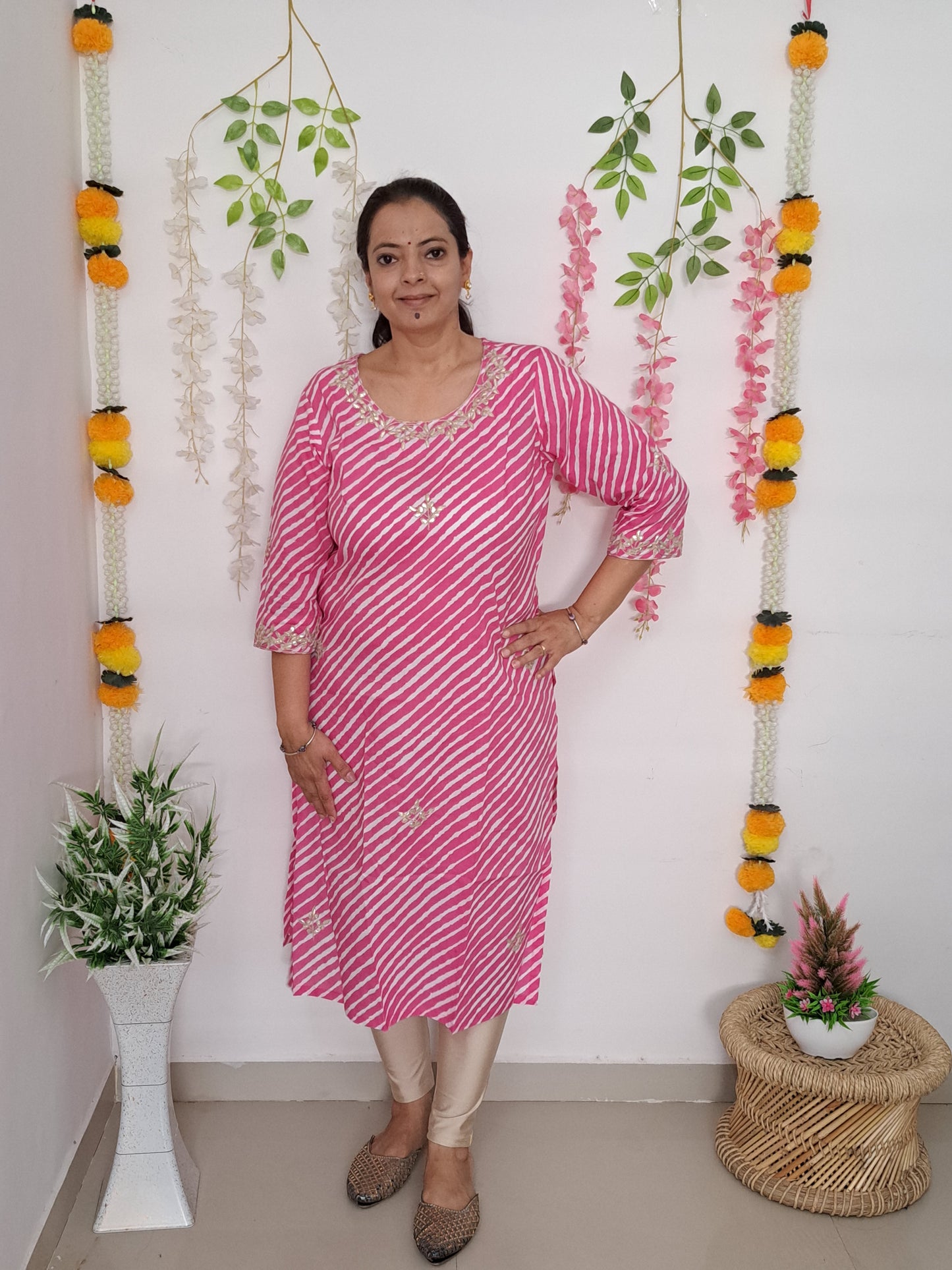 Luminous Drapes: Pink Lehriya Cotton Kurti with Gotta Patti Work