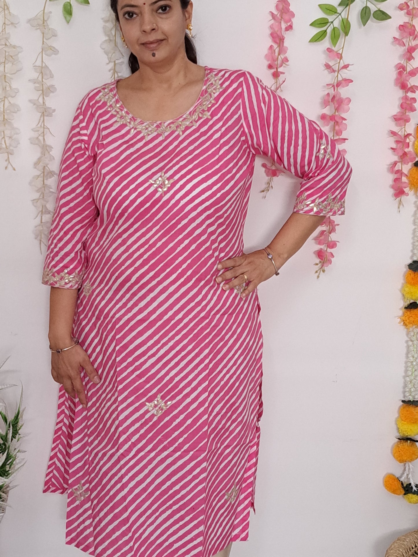 Luminous Drapes: Pink Lehriya Cotton Kurti with Gotta Patti Work