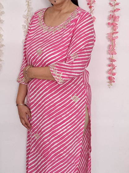 Luminous Drapes: Pink Lehriya Cotton Kurti with Gotta Patti Work