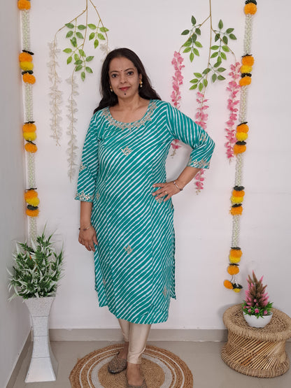 Azure Waves: Sea Blue Cotton Lehriya Kurti with Gotta Patti Work