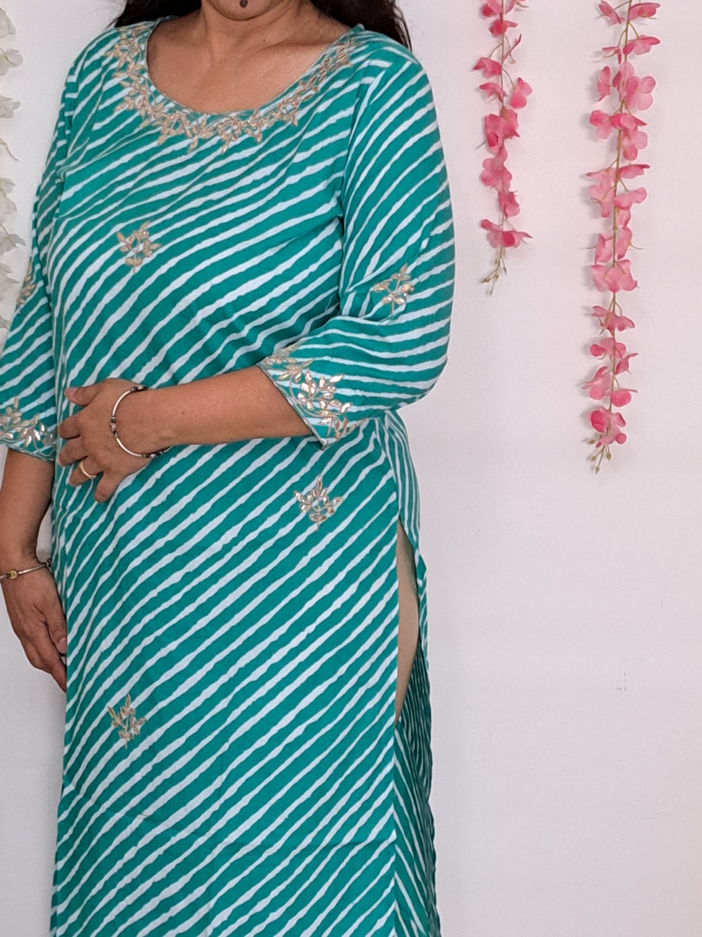 Azure Waves: Sea Blue Cotton Lehriya Kurti with Gotta Patti Work