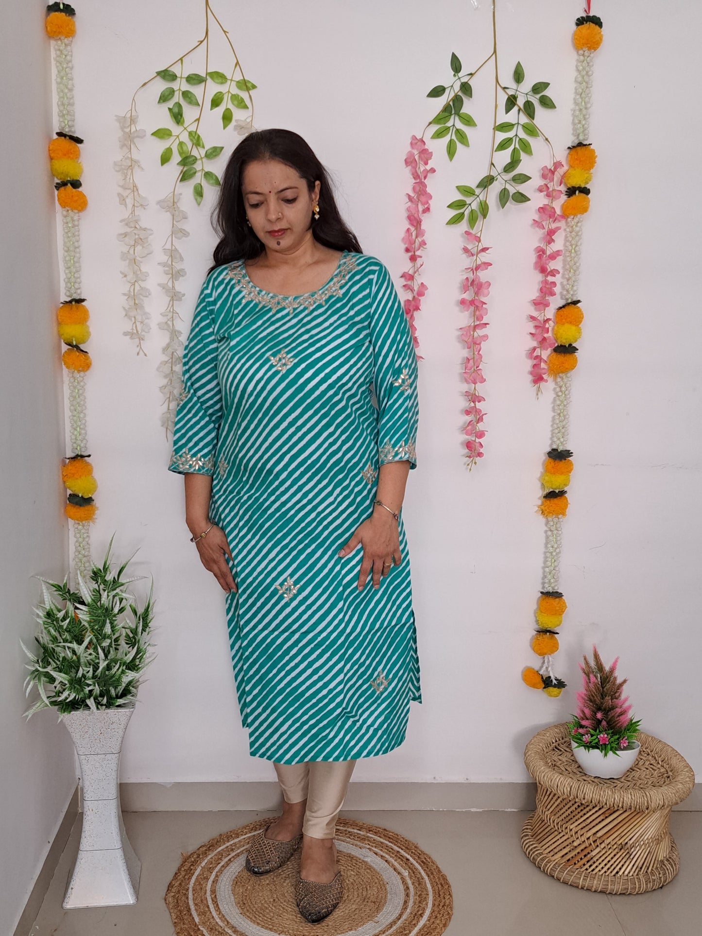 Azure Waves: Sea Blue Cotton Lehriya Kurti with Gotta Patti Work