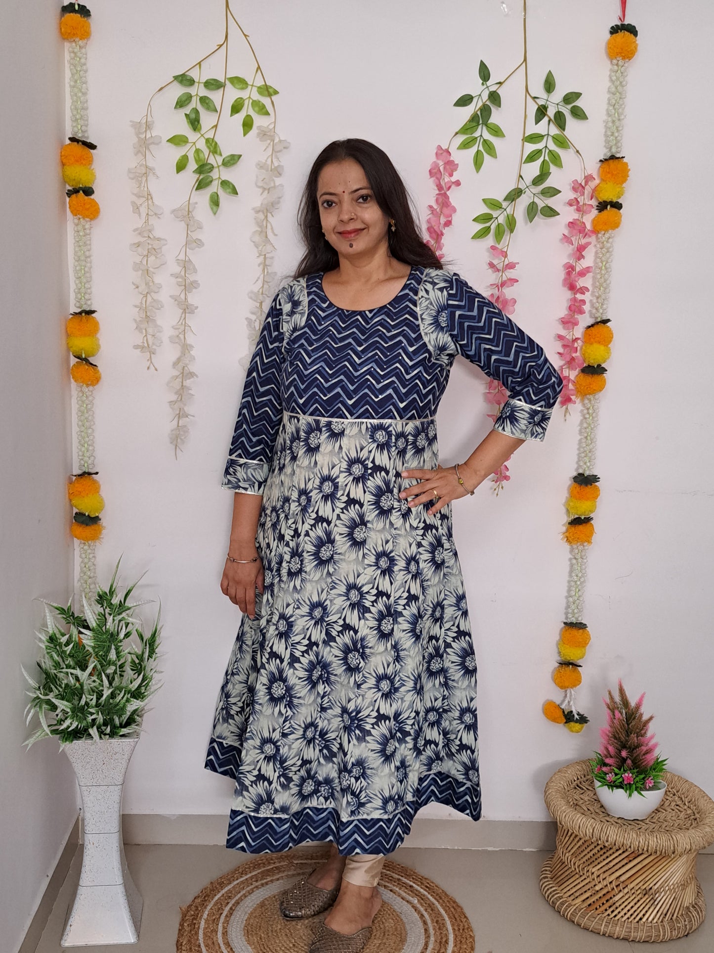 Blue and White Floral Frock Style Long Kurti with Yoke: Timeless Elegance