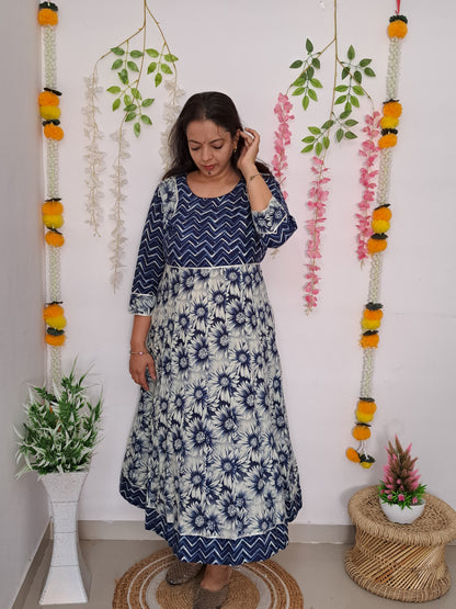 Blue and White Floral Frock Style Long Kurti with Yoke: Timeless Elegance