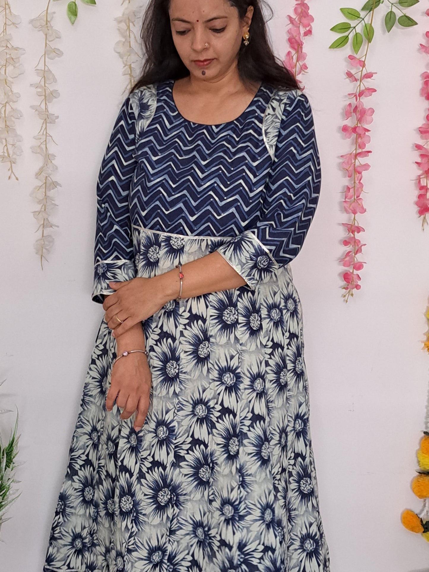 Blue and White Floral Frock Style Long Kurti with Yoke: Timeless Elegance