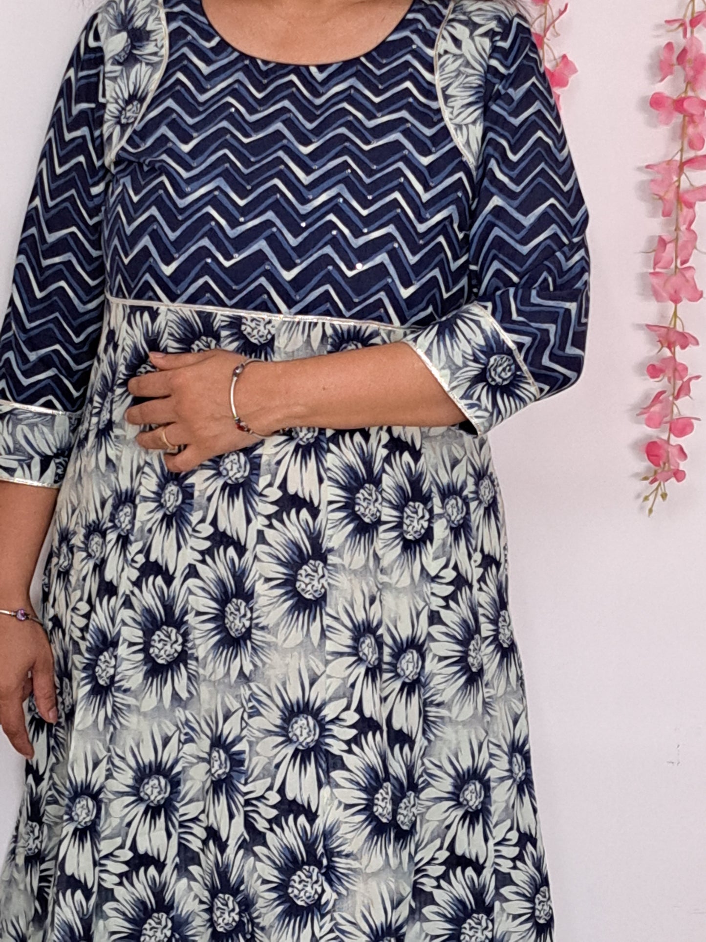 Blue and White Floral Frock Style Long Kurti with Yoke: Timeless Elegance