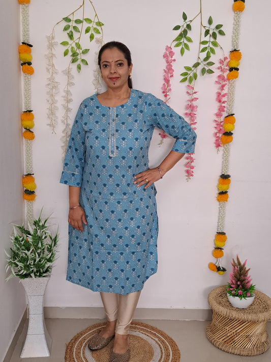 Sky Elegance: Sky Blue Cotton Kurti with Gotta Patti Work