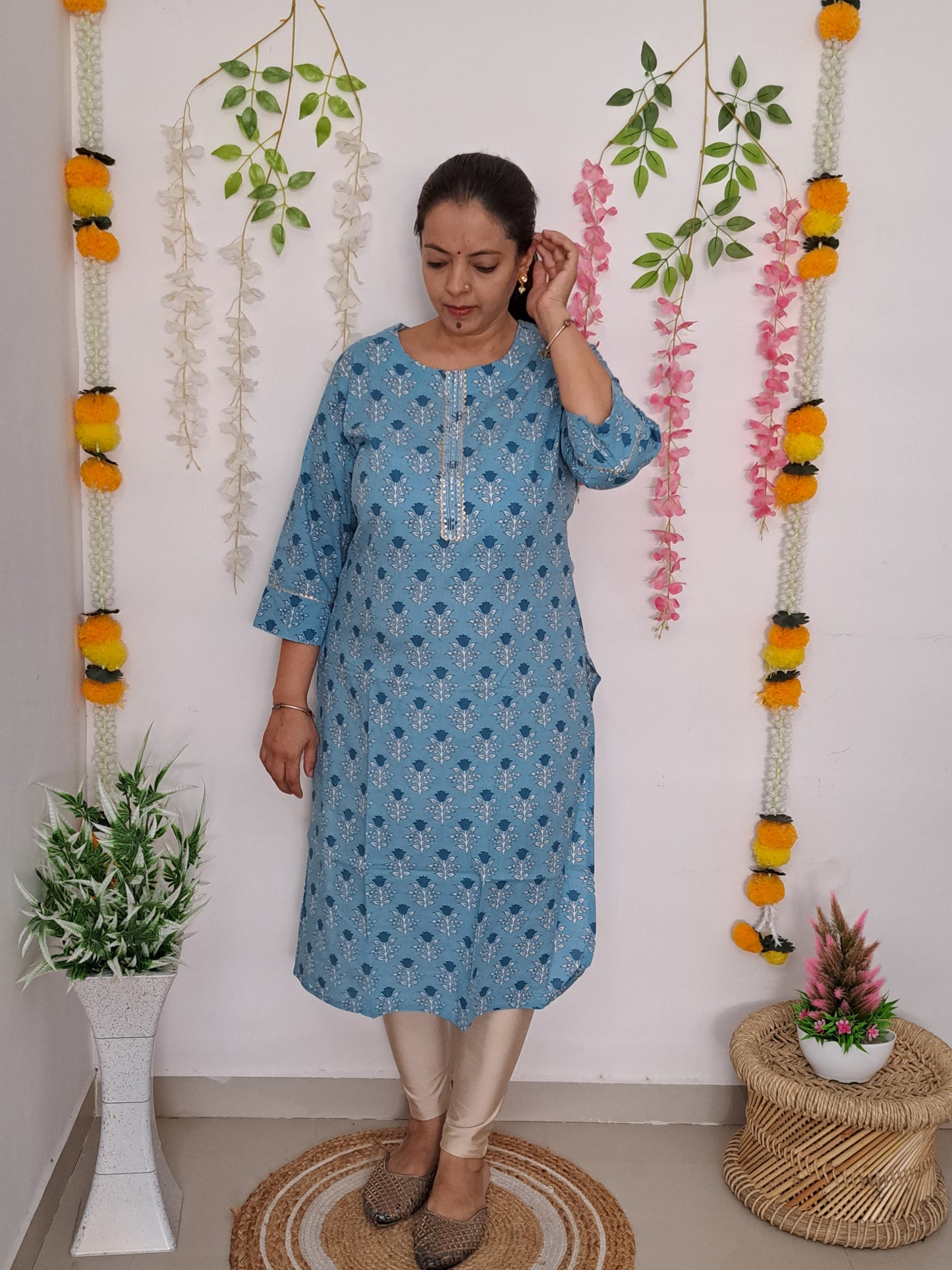 Sky Elegance: Sky Blue Cotton Kurti with Gotta Patti Work