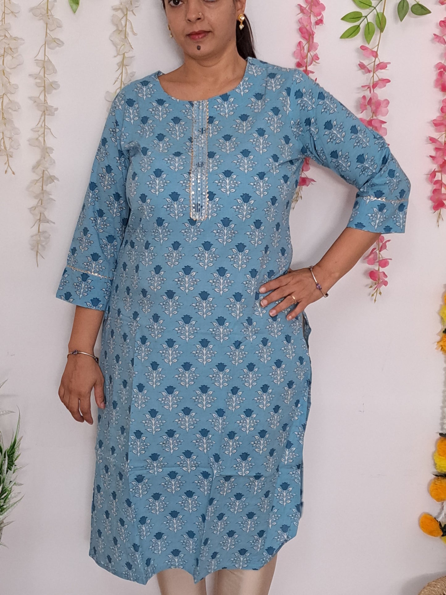 Sky Elegance: Sky Blue Cotton Kurti with Gotta Patti Work