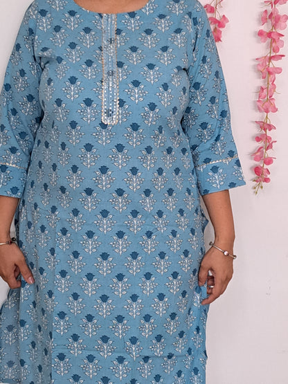 Sky Elegance: Sky Blue Cotton Kurti with Gotta Patti Work