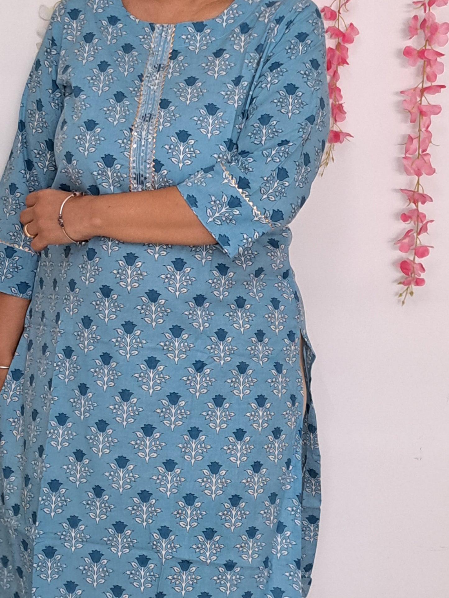 Sky Elegance: Sky Blue Cotton Kurti with Gotta Patti Work