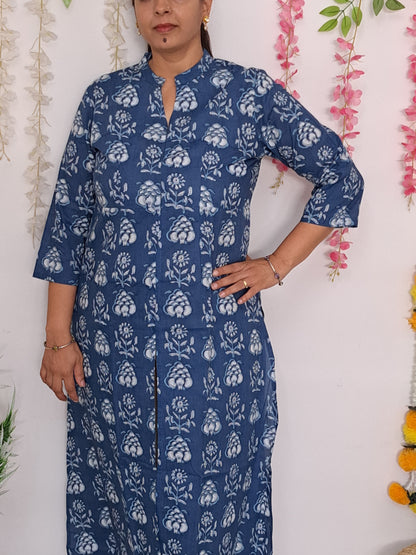 Blossom Breeze: Blue and White Floral Long Kurti