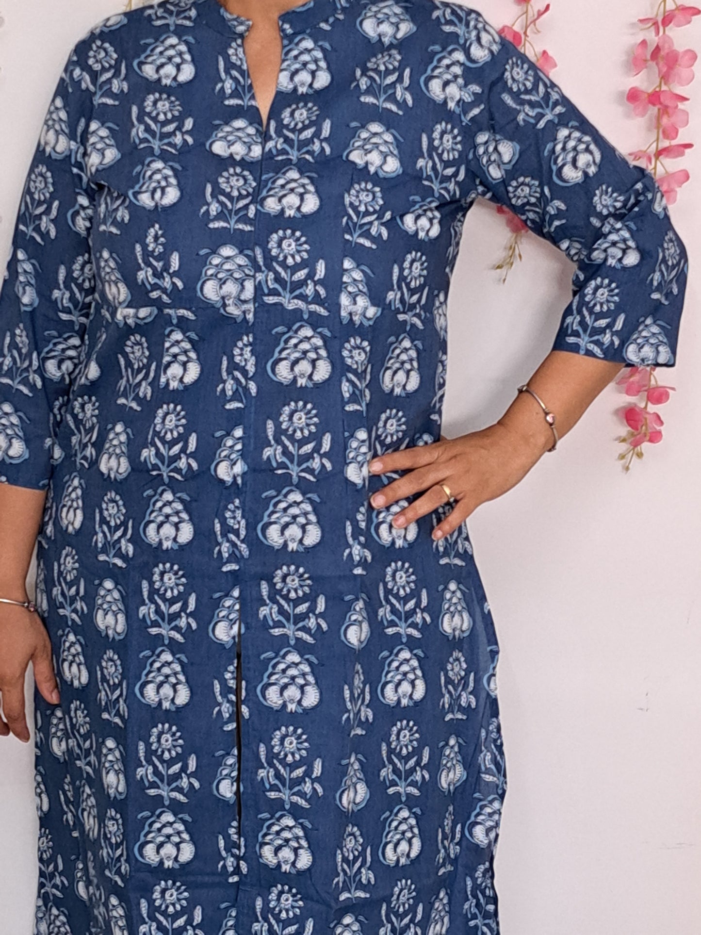 Blossom Breeze: Blue and White Floral Long Kurti