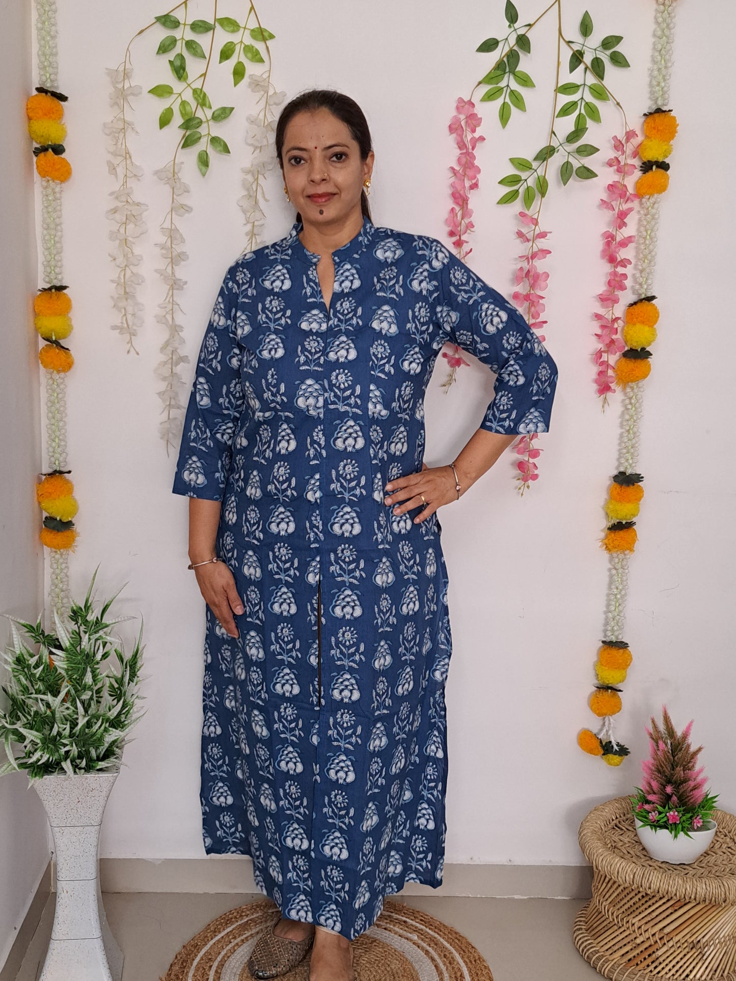 Blossom Breeze: Blue and White Floral Long Kurti