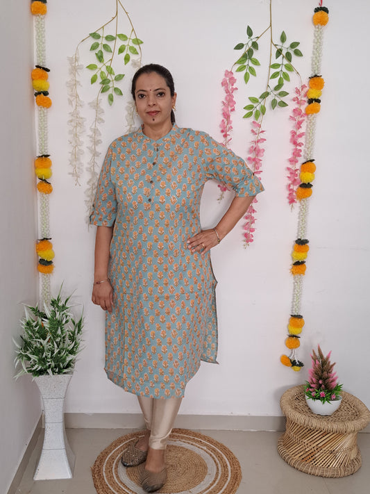 Minty Breeze: Sea Green Cotton Kurti with 3/4 Sleeve