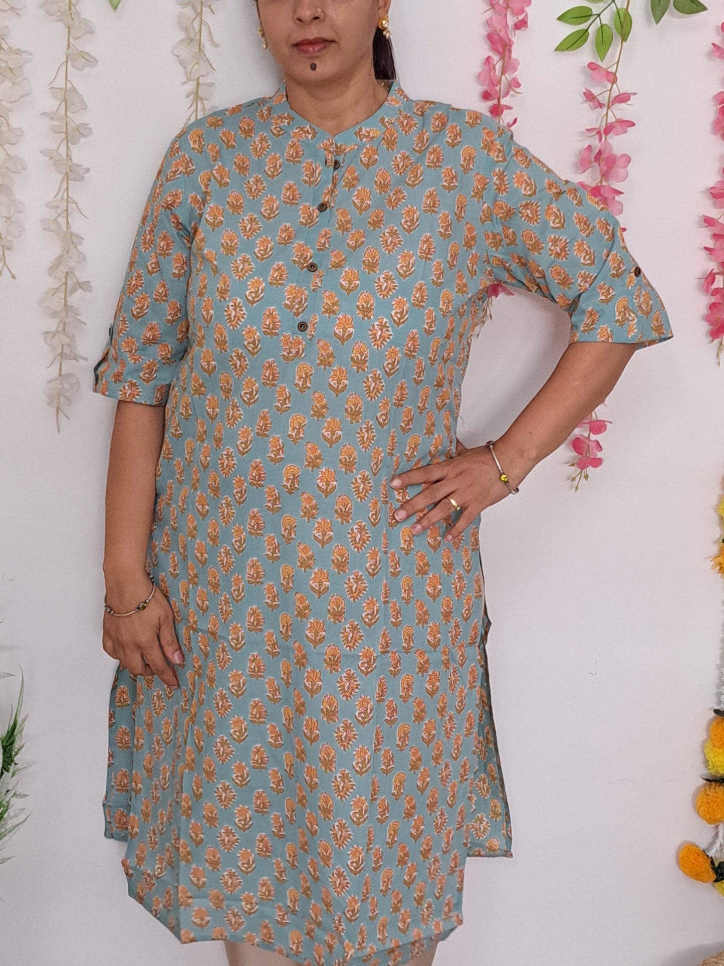 Minty Breeze: Sea Green Cotton Kurti with 3/4 Sleeve