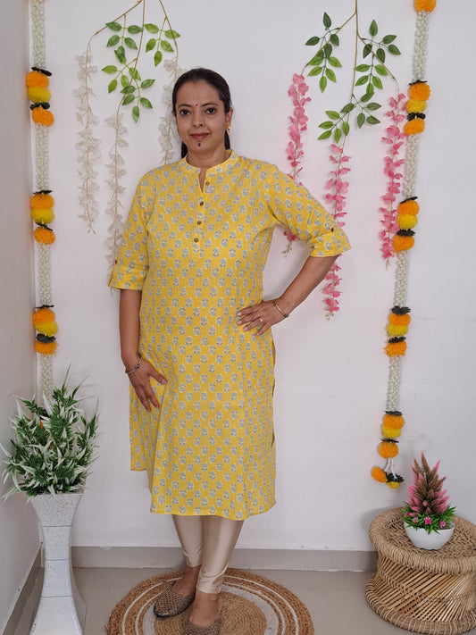 Golden Glow: Yellow Cotton Kurti with 3/4 Sleeve