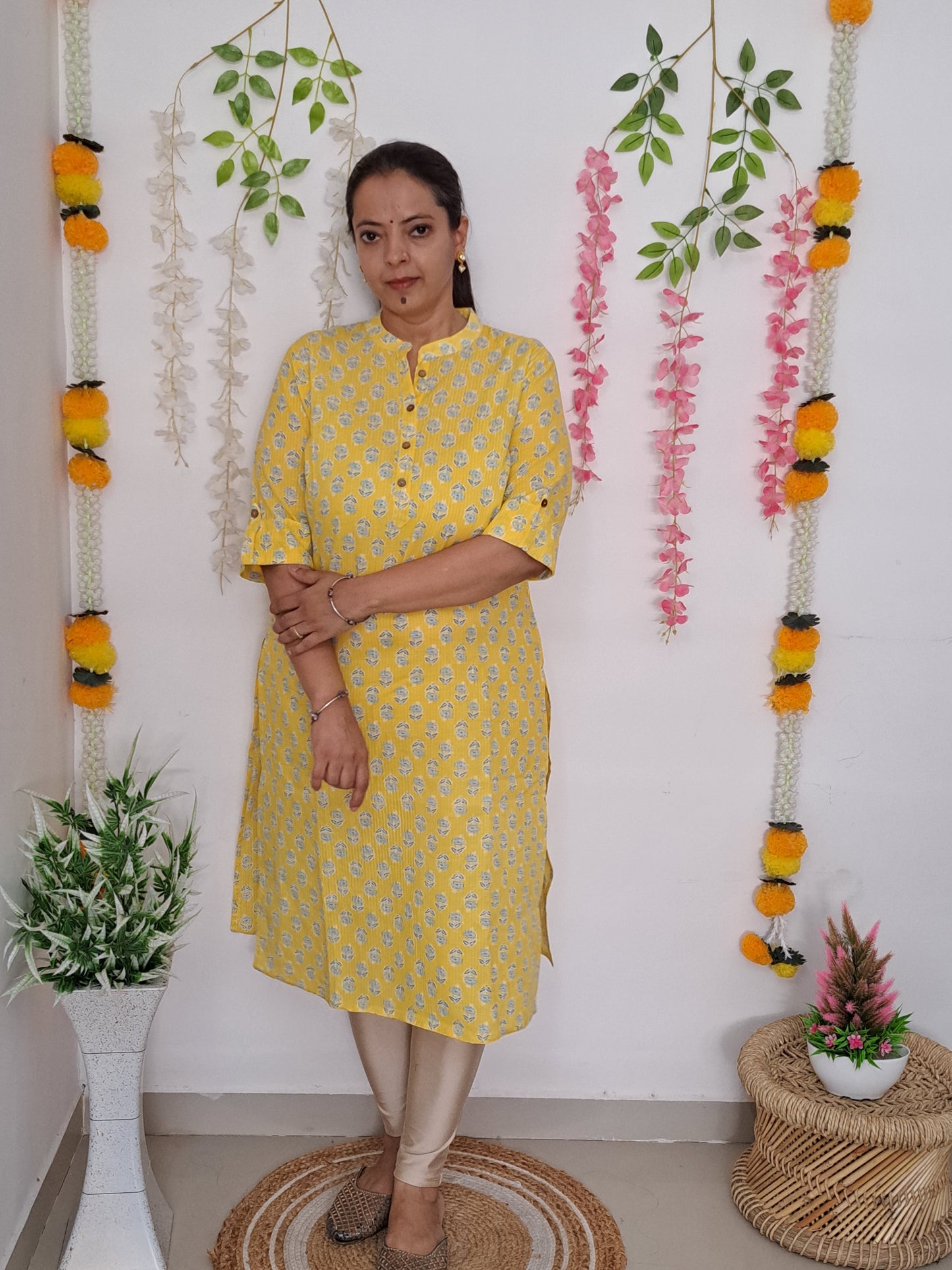 Golden Glow: Yellow Cotton Kurti with 3/4 Sleeve