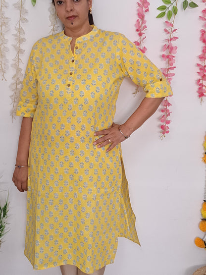 Golden Glow: Yellow Cotton Kurti with 3/4 Sleeve