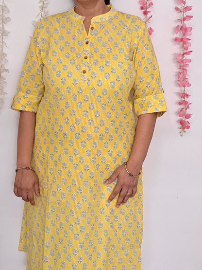 Golden Glow: Yellow Cotton Kurti with 3/4 Sleeve