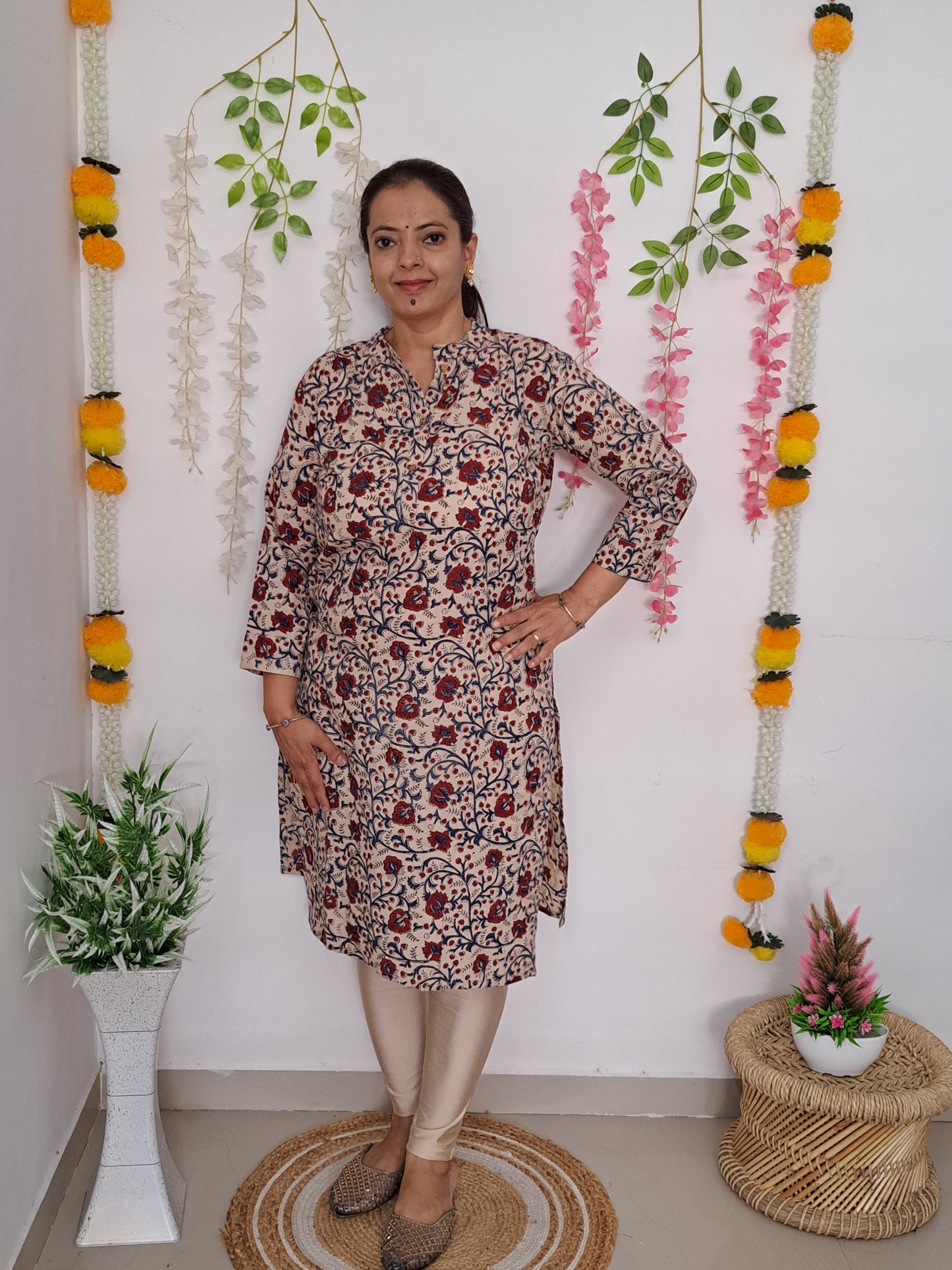 Everyday Elegance: Beige and Maroon Floral Kurti