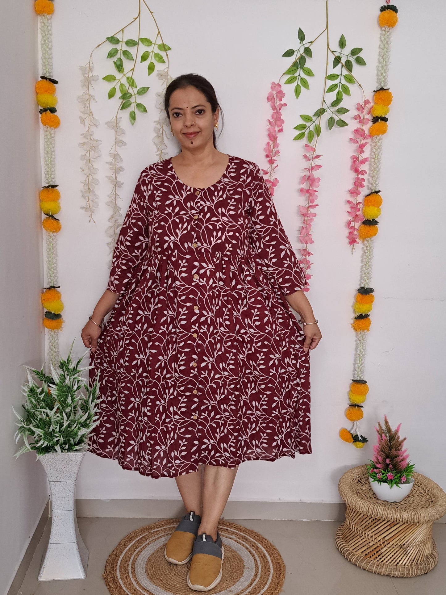 Burgundy Blooms: Maroon and White Floral Cotton Dress