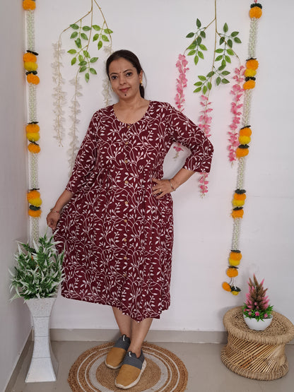 Burgundy Blooms: Maroon and White Floral Cotton Dress