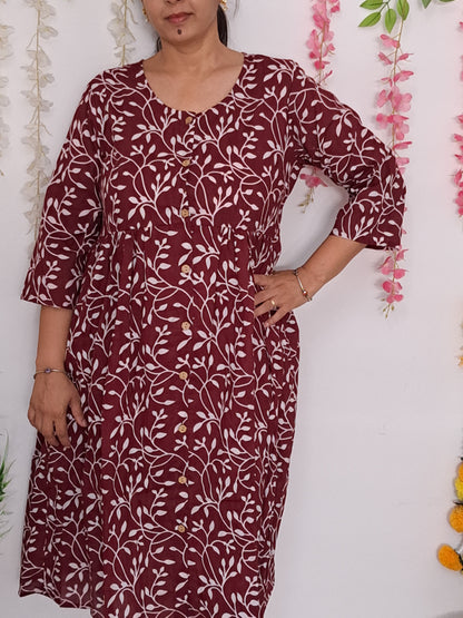 Burgundy Blooms: Maroon and White Floral Cotton Dress