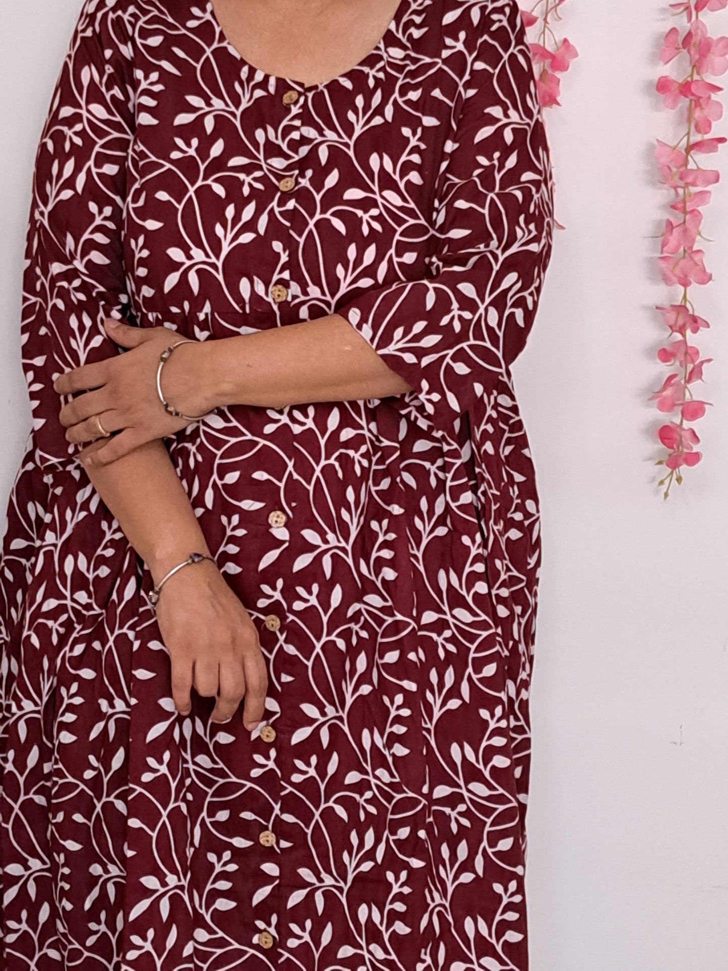 Burgundy Blooms: Maroon and White Floral Cotton Dress